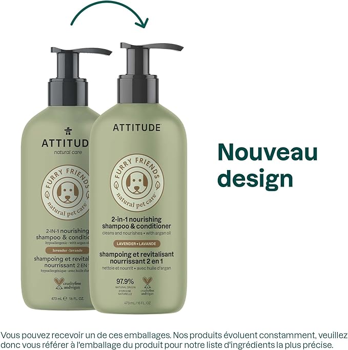 ATTITUDE 2in1 Nourishing Shampoo and Conditioner for Cat & Dog, Vegan and Cruelty-Free, Lavender & Argan Oil, 16 Fl Oz
