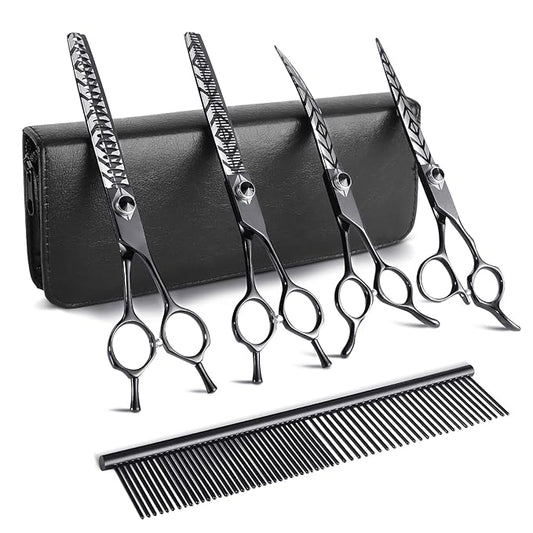 7" Dog Grooming Scissors Kit Black, Premium Japanese 440C Stainless Steel Straight, Thinning, Curved, Chunker Shears With Steel Comb for Precise Styling