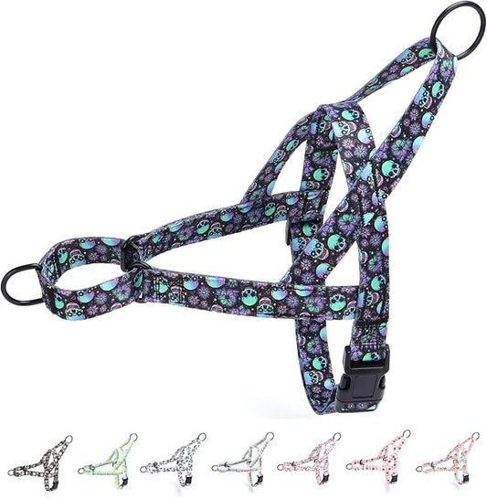 No Pull Dog Harness for Small, Medium, and Large Pets - Floral Pattern Nylon Safety Training Dog Harness (XS, Skull)