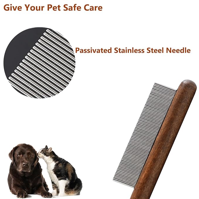 Solid Wooden Puppy Grooming Brush, Pet Flea Lice Comb, Stainless Steel Teeth Massage Comb for Cat Dog Rabbit, Loose Fur for Shih Tzus, Yorkies, and Maltipoos, Small Medium Pets