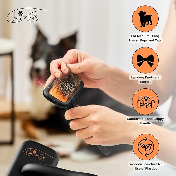 Black Dog Slicker Brush for Shedding & Grooming | Fluff & Volumize | Soft Bristles & Vented Cushion | Matt Rubberized Paint | Grippy Handle | Dog & Cat Brush | Wire Brush | Orange Details