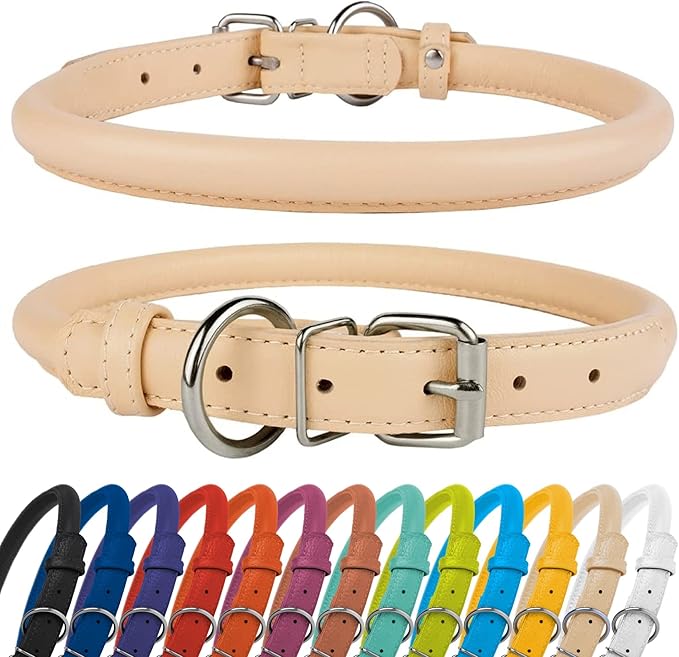 CollarDirect Rolled Leather Dog Collar, Soft Padded Round Puppy Collar, Handmade Genuine Leather Collar Dog Small Large Cat Collars 13 Colors (6-7 Inch, Beige Textured)