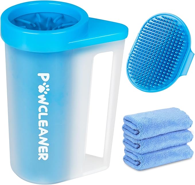 Buddy Muddy Pet Foot Cleaner with Handle, Adjustable Brush, and 3 Absorbent Towels (Blue, Large)