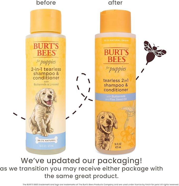 Burt's Bees for Pets Tearless Puppy 2-in-1 Shampoo and Conditioner with Buttermilk and Linseed Oil, 95% Natural Origin Formulas, Shampoo for Puppies - Gentle Puppy Shampoo Tear Free, 16 oz