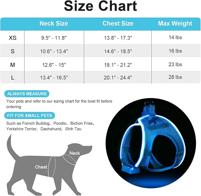 Light Up Dog Harness,LED Dog Harness Rechargeable, Lighted Dog Vest Harness for Night Walking,Reflective Safety Vest for Small Medium Large Dogs,Adjustable Soft Mesh,Blue,XS