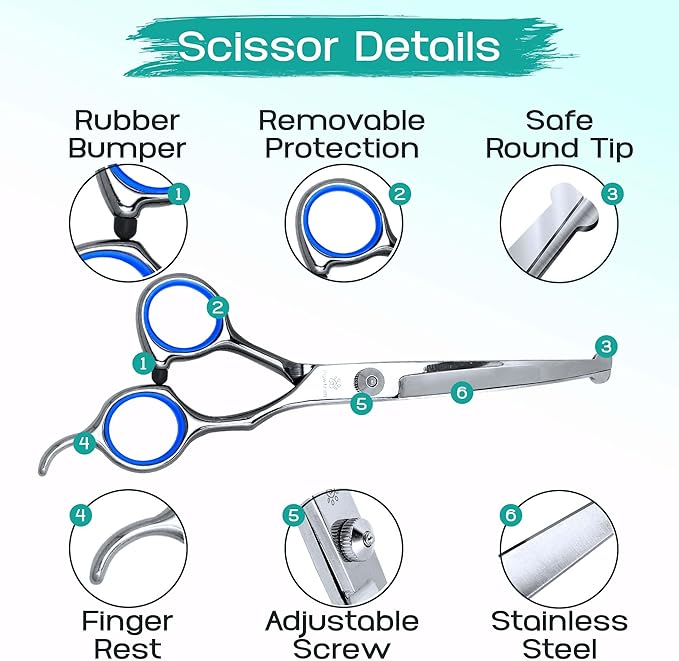 Professional Pet Grooming Kit – 6 in 1 Dog Grooming Scissors Kit - Dog & Cat Grooming Supplies - Adjustable Screw Scissors, 4CR Stainless Steel Dog Clippers, Hair Thinning Shears, Rubber Grips