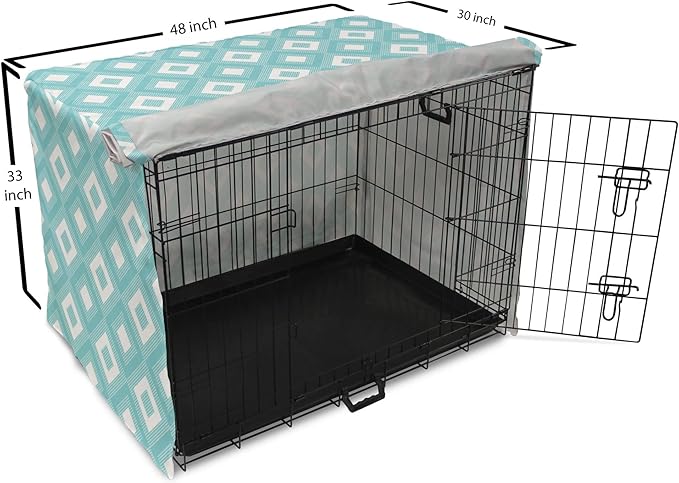 Lunarable Geometric Dog Crate Cover, Nested Diagonal Squares with Tiny Polka Dots Symmetric Repetition, Easy to Use Pet Kennel Cover for Medium Large Dogs, 48 Inch, White and Pale Teal
