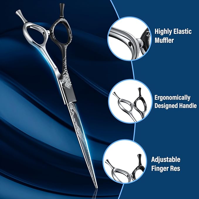 Purple Dragon Dog Grooming Scissors 7-Inch Straight - Professional Pet Hair Trimming Shears for Dogs & Cats, Sharp 440C Japanese Steel, Ergonomic Design for Comfort and Precision
