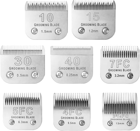 Size 10+15+30+40+7FC+5FC+4F+3-3/4FC Detachable Dog Grooming Blades, Compatible with Andis, Oster A5, Wahl KM10 Series Clippers, Cut Length 0.25mm-13mm, Silver