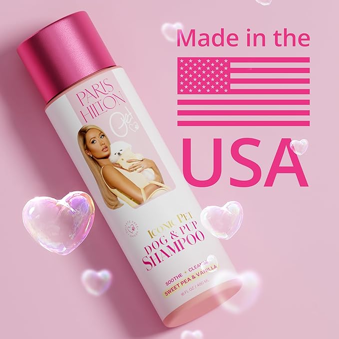 Paris Hilton Dog Shampoo - Sweet Pea & Vanilla Fresh Scent, Sulfate-Free Vegan & Hypoallergenic for All Dog Breeds, with Oatmeal & Aloe for Healthy Coats, Reduced Shed & Show-Ready Grooming 16oz/480ml