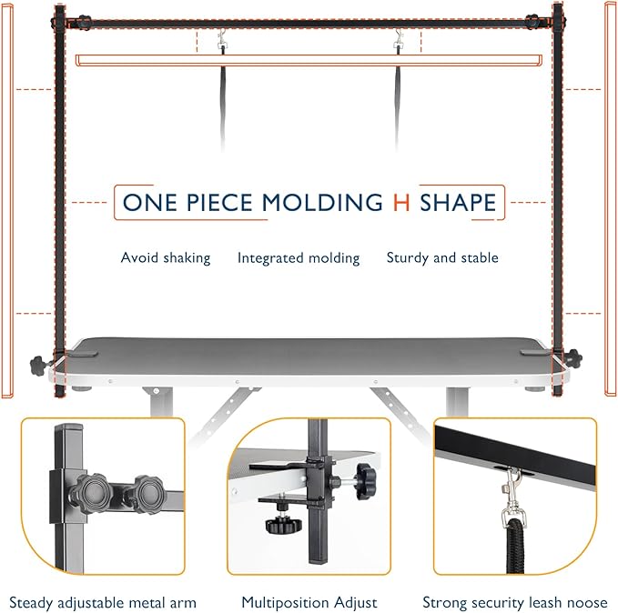 LEIBOU 45'' Height Adjustable(23''~33.8'') and Foldable Pet Dog Grooming Table Heavy Duty Iron Frame with H-Shape Grooming Arm & 3 Noose, Maximum Capacity Up to 260lbs, Black