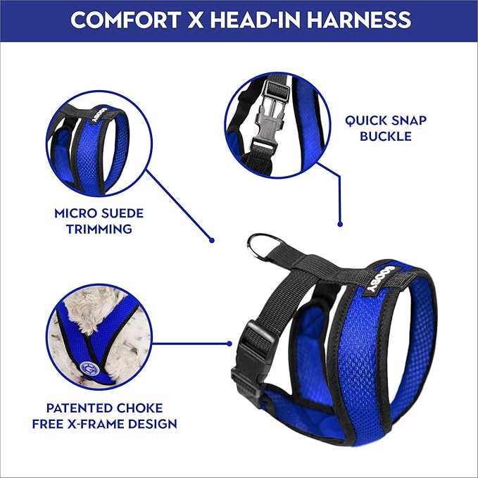 Gooby Comfort X Head In Harness - Blue, X-Large - No Pull Small Dog Harness Patented Choke-Free X Frame - Perfect on the Go Dog Harness for Medium Dogs No Pull or Small Dogs for Indoor and Outdoor Use