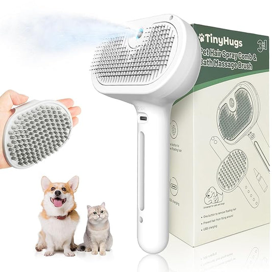 Tiny Hugs 4-in-1 Grooming Tool: Self-Cleaning Brush for Detangling Pet Fur, Steam Feature, and Bath Supplies