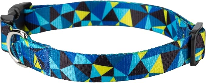Mile High Life Dog Collar | Cute Puppy Collars | Lightweight Girl Dog Collar | Soft Boy Dog Collars | w Geometric Ocean Wavy Pattern (Blue/Yellow Plaid, Large)