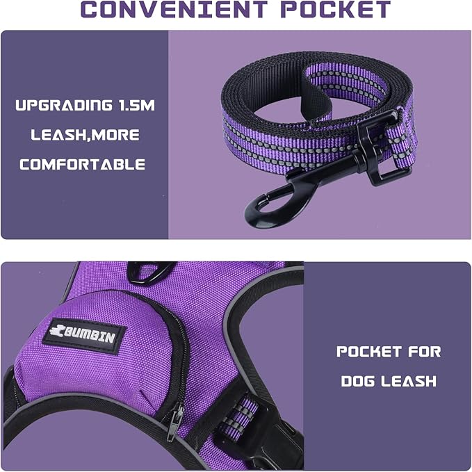 BUMBIN Dog Harness for Large Dogs, No Pull Adjustable No Choke Pet Vest with Dog Leash Fit Smart Reflective Pet Walking Harness for Training Easy Control Soft Handle Purple XL