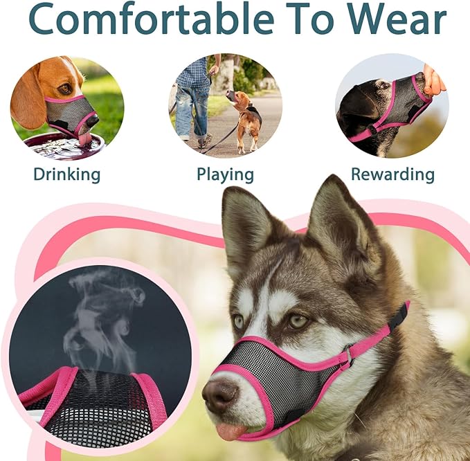 LUCKYPAW Dog Muzzle, Mesh Dog Muzzle for Large Medium Small Dogs, Soft Muzzles for Biting Chewing Fierce Barking, Breathable Muzzle with Adjustable Strap for Training (Hot Pink, XS(Snout:6.5"-7.5"))