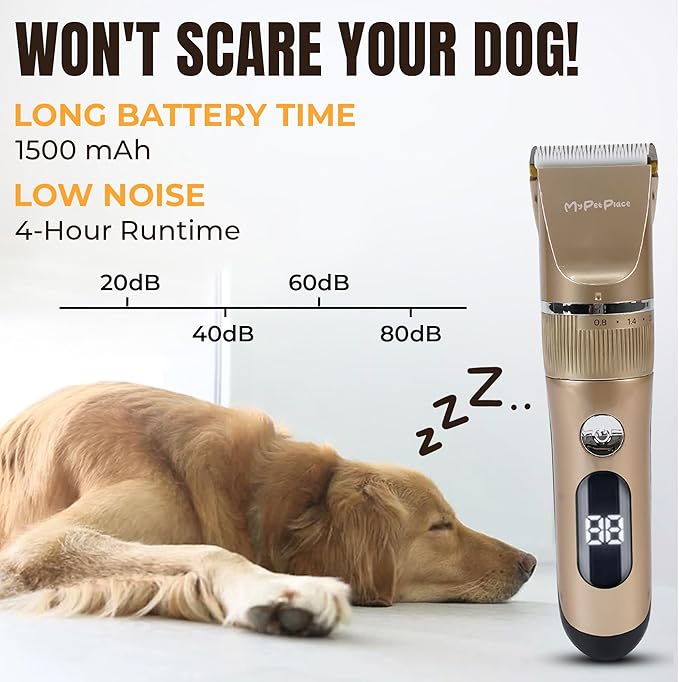 Anti-Clogging Dog Hair Clipper – Cordless, Waterproof & Rechargeable Pet Grooming Trimmer for Thick Coats – Low Noise, High-Power Blade for Dogs & Cats (Gold)