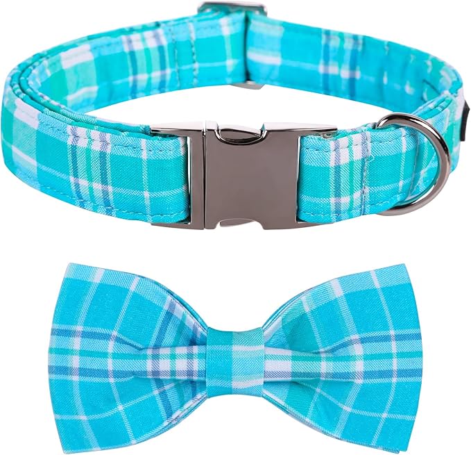 Maca Bates Plaid Blue Dog Collar with Checkered Bow Bowtie for Grid Dogs Bows Tie Adjustable Breakaway Collars Birthday Gift Colar for Small Medium Large XL Girl Boy Male Female Puppy Pets