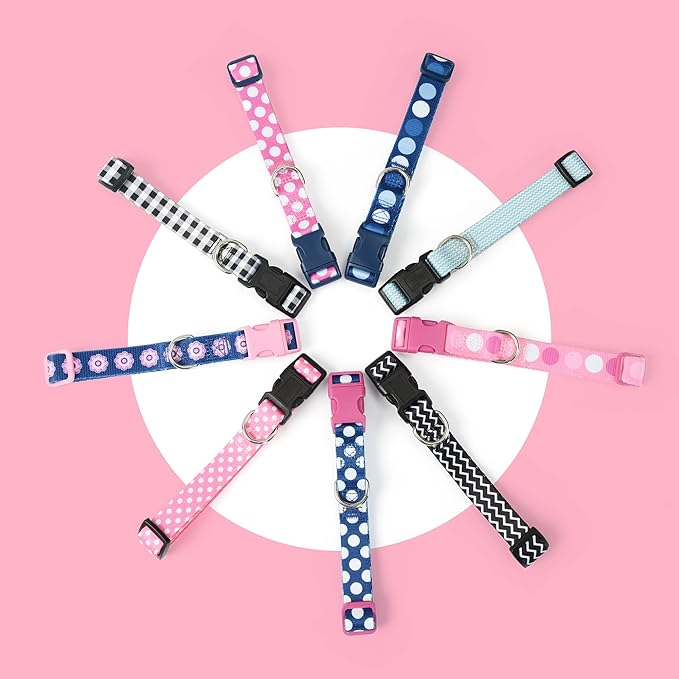 Mile High Life Dog Collar | Cute Puppy Collars | Lightweight Girl Dog Collar | Soft Boy Dog Collars | w Geometric Plaid Wave Line Pattern (Pink Flower, Large)