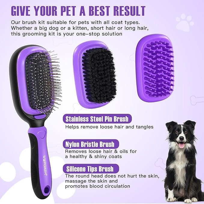 Dog Grooming Brush Kit 5-in-1 with Interchangeable Heads – Ideal for Medium & Large Dogs and Cats with Medium to Long Hair – Reduces Shedding, Removes Tangles, and Controls Loose Fur. Purple