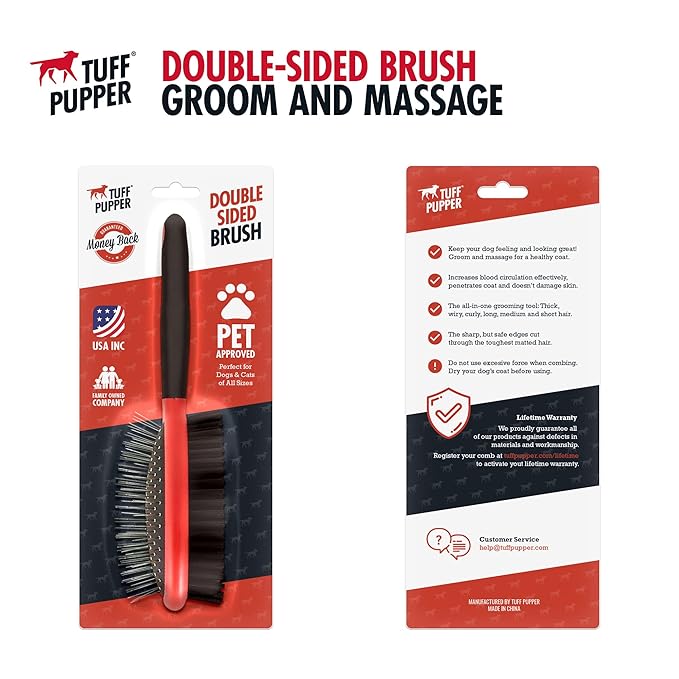 Tuff Pupper Double Sided Dog Brush, Detangling Tool for Dogs and Cats, Pin & Bristle Pet Brush, for and Hair Types, With Comfort-Grip Anti-Slip Handle, Brown, Black, White