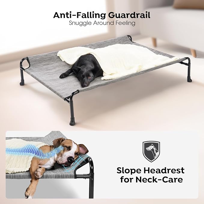 Veehoo Cooling Elevated Dog Bed, Raised Dog Beds for Large Dogs, Outdoor Dog Bed with Guardrail, Upgraded Non-Slip Feet, Breathable Teslin Mesh, Portable Camping Dog Cot, 41 x 27 Inches, Black Silver