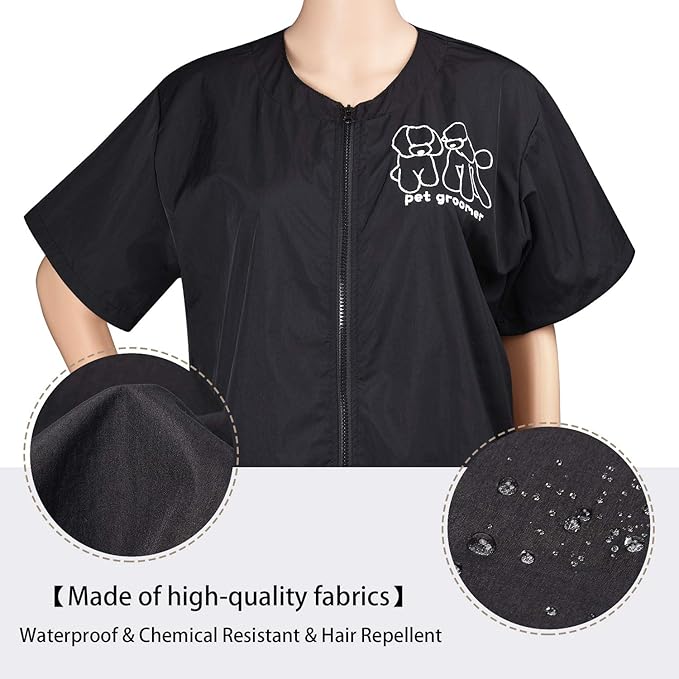Noverlife Short Sleeves Pet Grooming Work Clothes with Full Zipper, XL Size, Splash Proof Anti-Static Pet Beautician Smock, Dog Cat Groomer Cosmetologist Uniforms for Pet Shop Men Women