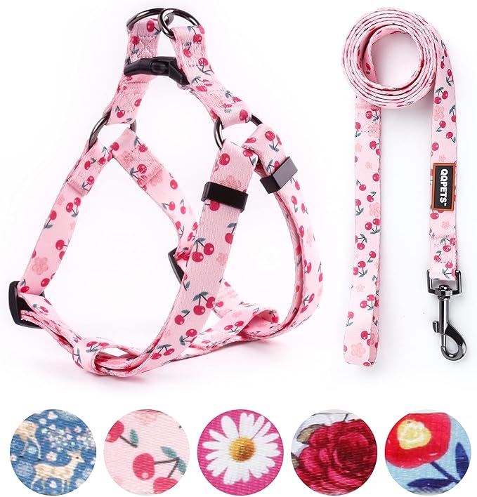 QQPETS Dog Harness Leash Set Adjustable Heavy Duty No Pull Halter Harnesses for Small Medium Large Breed Dogs Back Clip Anti-Twist Perfect for Walking (M(19"-26" Chest Girth), Sakura Pink)