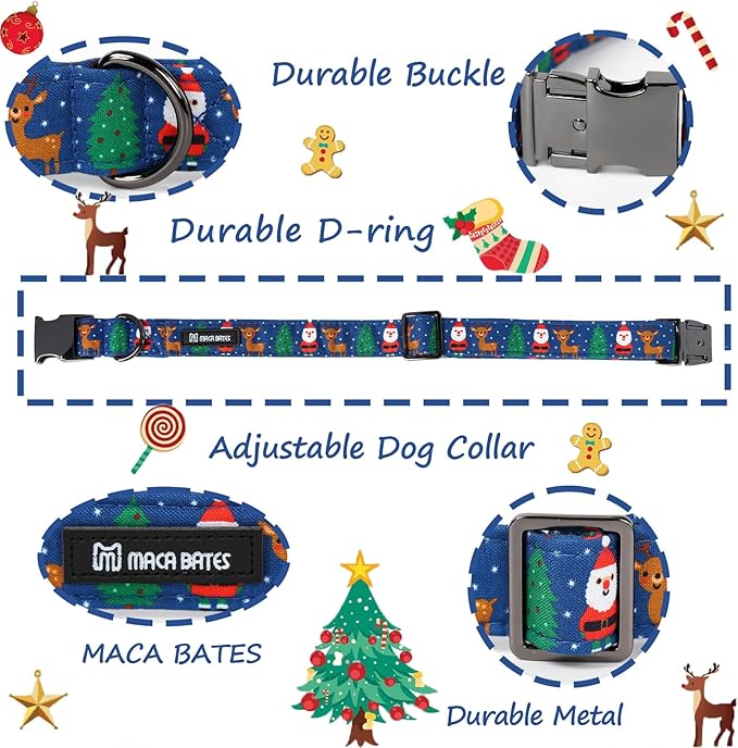 Maca Bates Christmas Collars for Dogs Cotton Soft Santa Dog Collar with Metal Buckle Winter Dog Collar Adjustable for Small Medium Large Dog