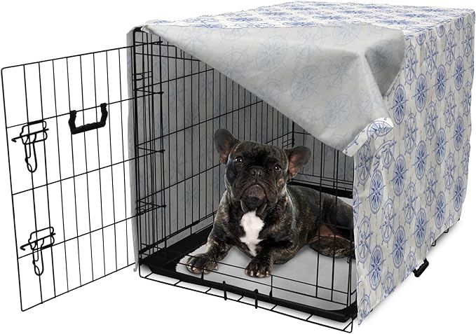 Ambesonne Nautical Dog Crate Cover, Marine Theme Wheel and Compass Motifs Sailing Objects Hand Drawn Ship Steering, Easy to Use Pet Kennel Cover for Cats & Medium Dogs, 24 Inch, White and Blue