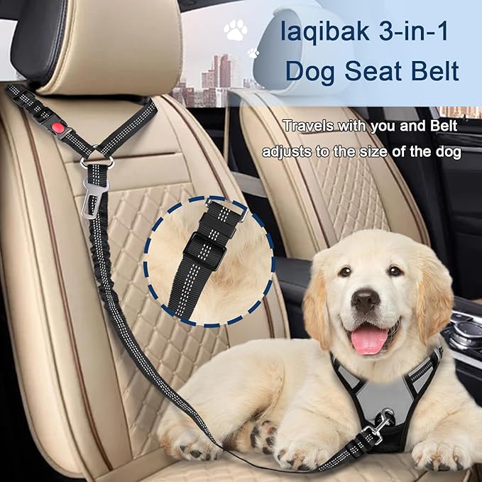 Dog Seat Belt for car, 3 Piece Set Retractable Dog Car Harness 2 Pack Adjustable Seatbelt for Dog in car, Nylon Pet Safety Seat Belts Tether Heavy Duty and Reflective Dog car Leash, Black