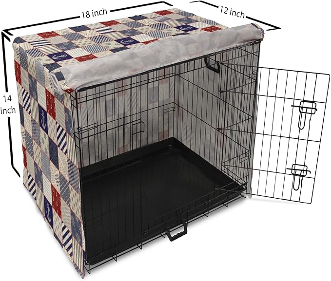 Lunarable Geometric Dog Crate Cover, Checkered Pattern Pale Nautical Design Elements Grunge Effect, Easy to Use Pet Kennel Cover for Small Dogs Puppies Kittens, 18 Inch, Navy Blue Beige