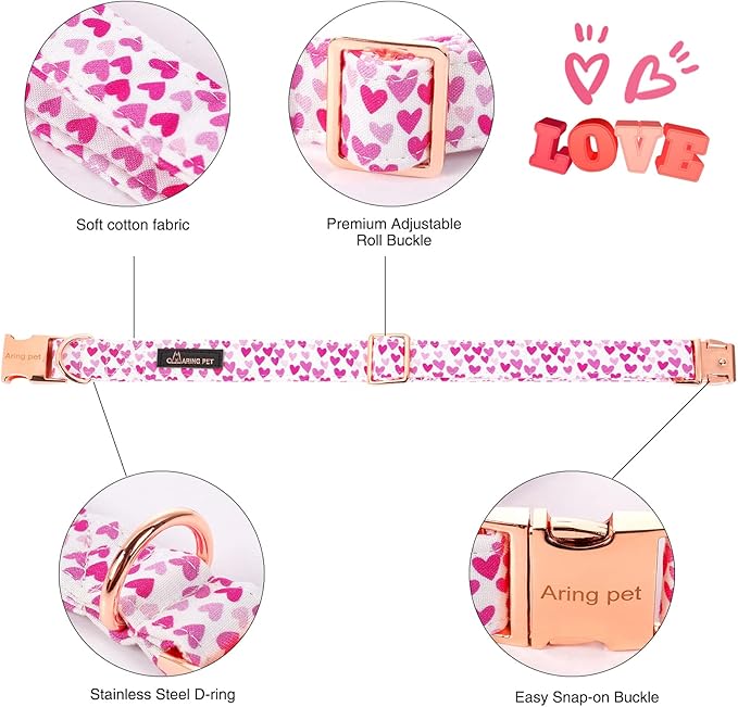ARING PET Valentine's Day Dog Collar-Fancy Dog Collar with Felt Flower, Comfortable Cotton Heart Dog Collars Pet Collars with Metal Buckle