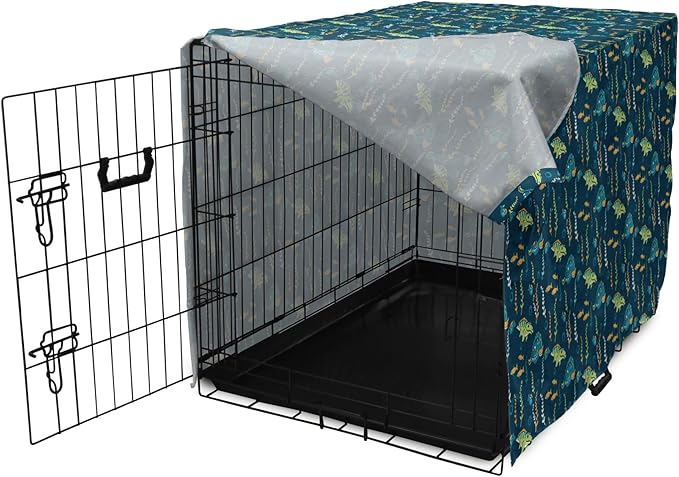 Lunarable Jurassic Dog Crate Cover, Evolution Marine Dinosaurs and Nautical Foliage Animal, Easy to Use Pet Kennel Cover for Cats & Medium Dogs, 30 Inch, Petrol Blue Pale Green