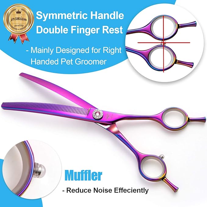 PURPLEBIRD 7 Inch Downward Curved Dog Grooming Scissors Thinning Texturizing Shears Professional Safety Blunt Tip Trimming Shearing for Dogs Cats Face Paws Limbs Japanese Stainless Steel Purple