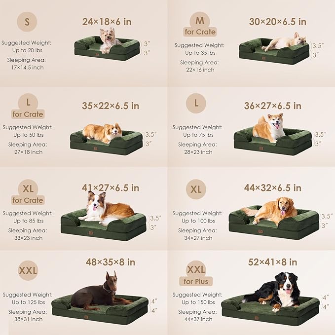 EHEYCIGA Orthopedic XL Dog Beds, Waterproof Memory Foam Dog Bed for Extra Large Dogs, Non-Slip Bottom and Egg-Crate Foam Big Dog Couch Bed with Washable Removable Cover, Dark Green