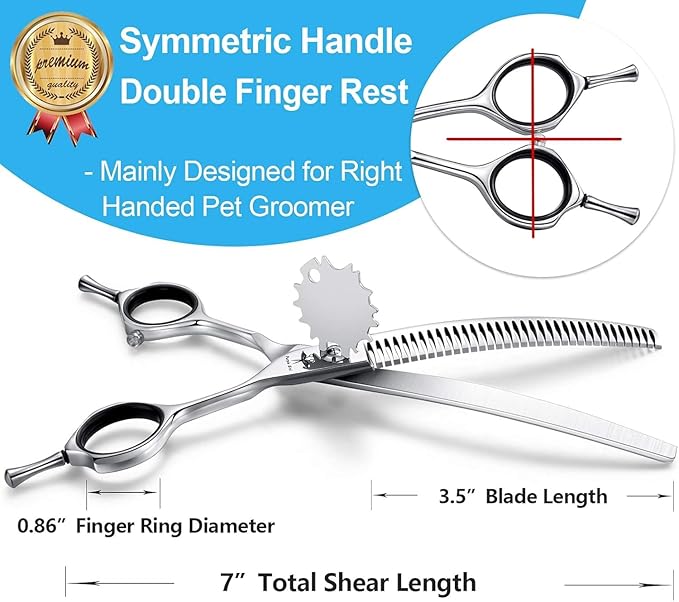 PURPLEBIRD 7 Inch Downward Curved Dog Grooming Scissors Pet Thinning Texturizing Shears Professional Safety Blunt Tip Trimming Shearing for Dogs Cats Face Paws Limbs Japanese Stainless Steel Silver