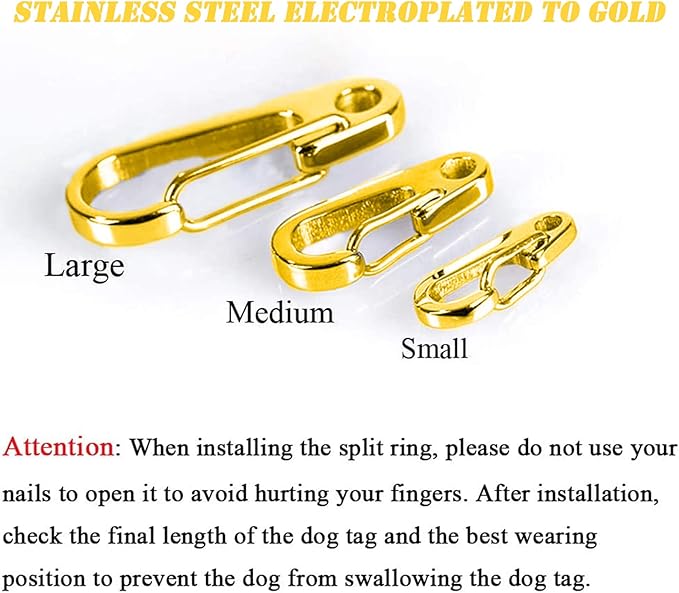 IVIA Dog Tag Clips / 2 Pack/Multiple Size 304 Stainless Steel Quick Clip with Rings/Easy Change Dog Cat ID Tag Holder for Small pet Collars and Harnesses.(2 Large Gold)