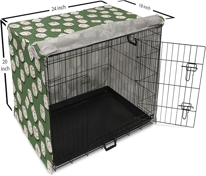 Lunarable Casino Dog Crate Cover, Cartoon Style Dices Pattern on Green Background Chance Game Lucky Jackpot, Easy to Use Pet Kennel Cover for Cats & Medium Dogs, 24 Inch, Green Cream Black