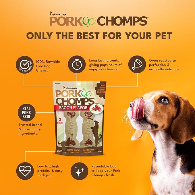 Pork Chomps Dog Chews, 4-inch Crunchy Bones, Bacon Flavor, 2 Count (Pack of 2)
