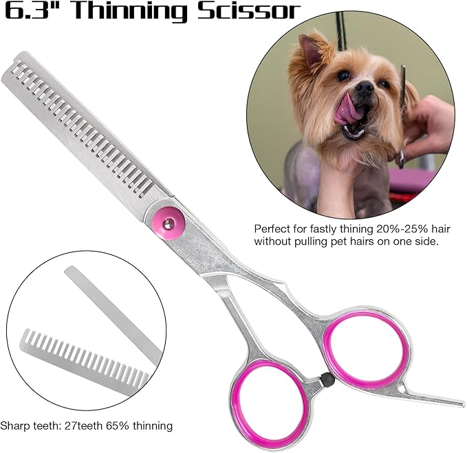 Premium Dog Grooming Scissors with Safety Round Tips, 5 in 1 Dog Grooming Scissors Kit, 4CR Stainless Steel Premium Pet Grooming Shears for Dog, Sharp and Durable, Pink