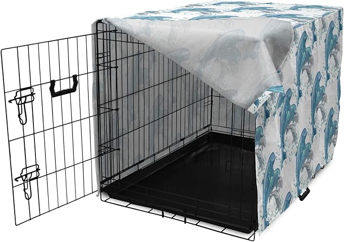 Lunarable Dolphin Dog Crate Cover, Happy Dolphins Jumping and Swimming in Deep Water Grey and Blue Mammals, Easy to Use Pet Kennel Cover for Small Dogs Puppies Kittens, 18 Inch, Blue Grey Slate Blue