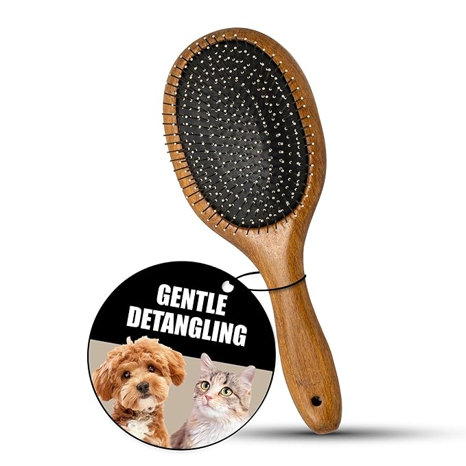TAURO PRO LINE Wooden Dog Brush for Detangle Long and Short Hair, Wooden Soft Massage Brush for Grooming Haired Dogs and Cats, Flexible Cushion and Non-Slip Grip, Oval, 9,45 x 3,54 inch, Brown