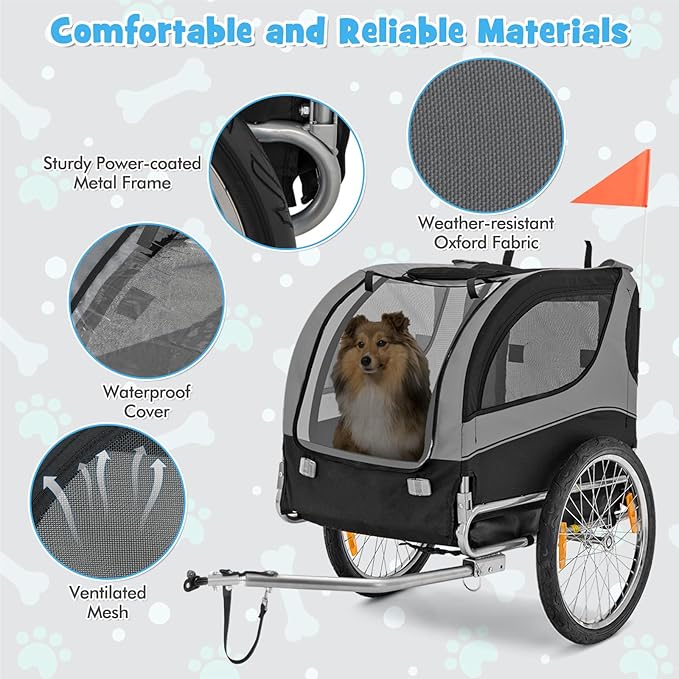PETSITE Dog Bike Trailer, Dog Cart for Bicycle with 3 Breathable Mesh Entrances, Safety Flage, Easy Folding Pet Carrier with Quick Release Wheels, Pet Bike Trailer for Small & Medium Sized Dogs