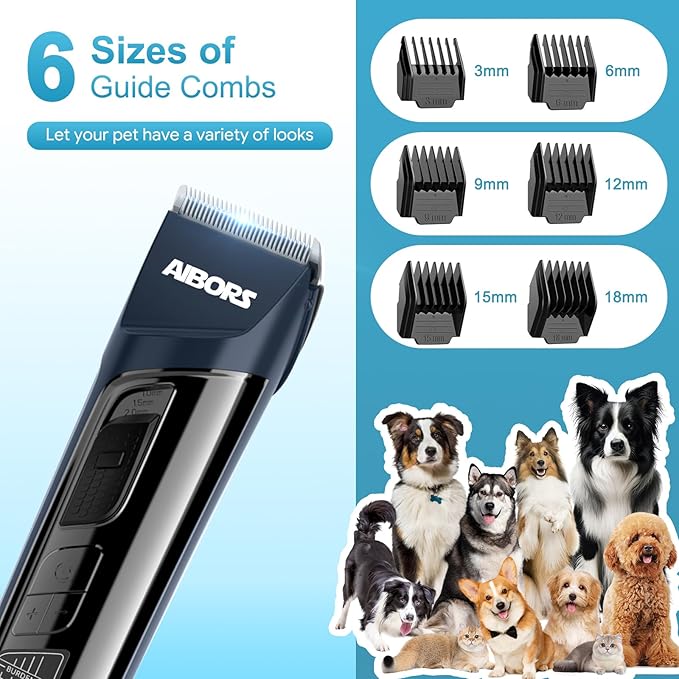 Dog Clippers for Grooming Low Noise - 5 Speed Dog Grooming Clippers with LCD Display, Cordless Pet Hair Clippers Trimmer for Dog & Cat, High Power, Blue