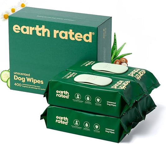 Earth Rated Pet Grooming Wipes for Dogs and Cats, Hypoallergenic, Cleaning and Hydrating, for Paws, Body and Butt, Unscented, 400 Count