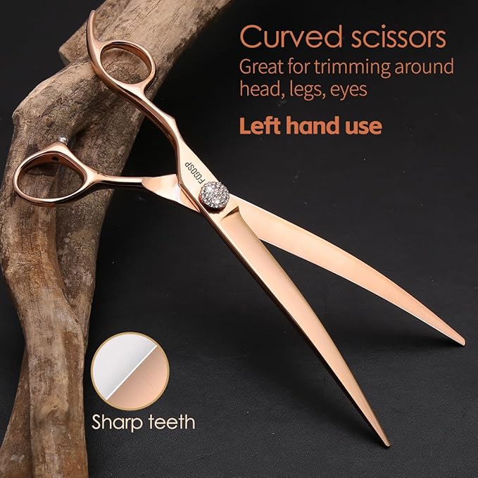 Rose Gold Titanium Professional Left Handed Curved Dog Grooming Scissors 8'' Downward 30° Japan 440C Pet Grooming Trimming Shears for Large Dog Poodle(8,Curved)