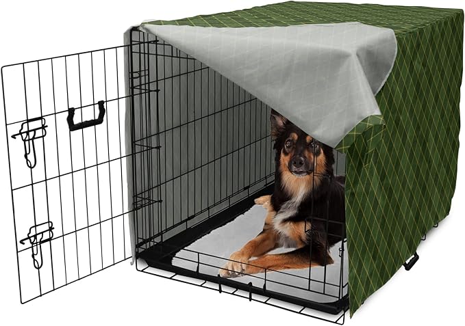 Lunarable Green Dog Crate Cover, Traditional Old Fashioned Argyle Pattern Retro Style Plaid, Easy to Use Pet Kennel Cover for Medium Large Dogs, 36 Inch, Forest Green Green
