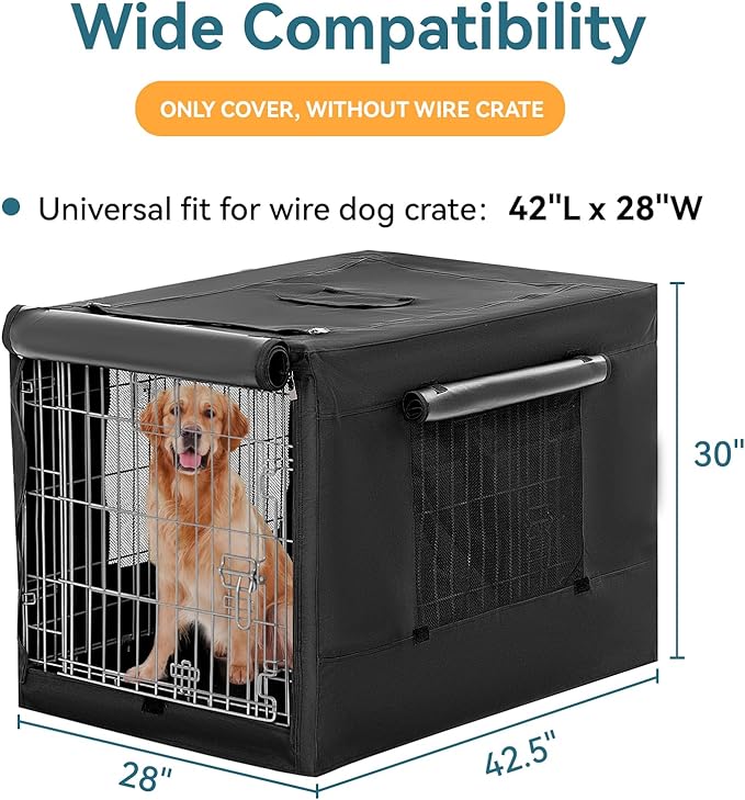PETSFIT Dog Crate Cover,42 Inch Cover for Wire Dog Kennel, Single Door, Mesh Window, Flap On The Top and Back is Detachable，Black