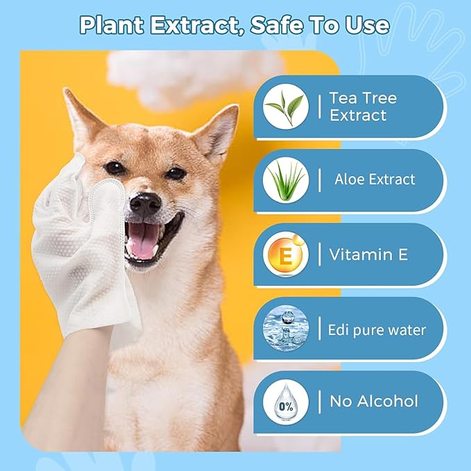 Pet Wipes for Dogs & Cats, Nourish Fur Glove Wipes for Daily Care and Traveling,Extra Thick Cleaning Deodorizing Grooming Gloves,Rinse Free, Unscented (1)